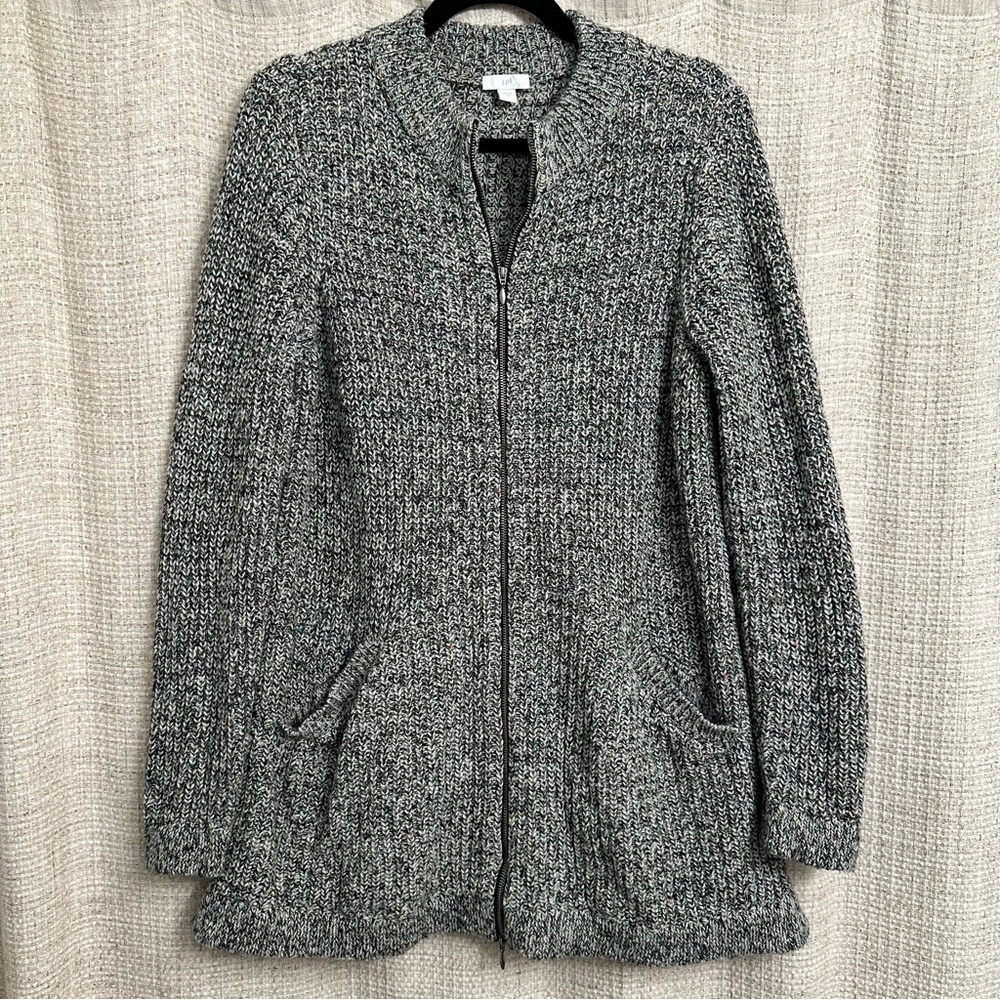 J.Jill Long Sweater Cardigan Black Grey White Zip Up Jacket Wool Blend Small